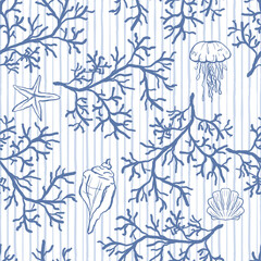 Coral seamless pattern background in modern style in blue and white colors. Organic algae striped background. Vector design for textile, wrapping paper, greeting cards