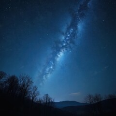 Night sky with bright stars, milky way galaxy above silhouettes of trees, hills. Cosmos background with clouds, night landscape. Beautiful nature, astronomy, space exploration, science background.
