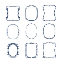 Set of blue line frames with curls and wavy stroke. Collection of vertical blank templates to decorate text. Greeting or wedding frames.