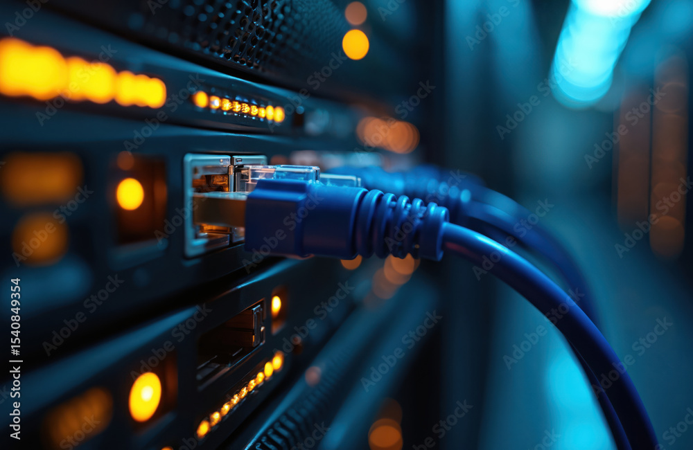 Poster Network server rack with connected cables in data center. Ethernet cable plugged. Modern tech, broadband internet. Computer network digital information system. Data transfer, high-speed connection,