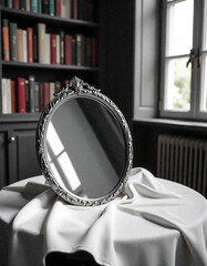 Mirror on the table in a beautiful vintage frame. Self-care. Beauty. Cosmetic procedures