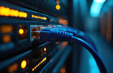 Network server rack with connected cables in data center. Ethernet cable plugged. Modern tech, broadband internet. Computer network digital information system. Data transfer, high-speed connection,