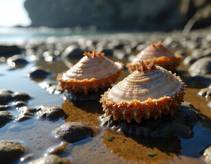 Abalone shells on seashore. Close-up of sea snail mollusks on sand. Marine life, sea life, ocean. Natural background rock pool water. Fresh seafood, food market concept. California travel destination.