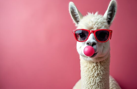 Funny llama wearing sunglasses, blowing pink bubble gum. Quirky animal portrait against pink backdrop. Playful, trendy llama with chewing gum, enjoying summer. Cute, cheerful, stylish character.