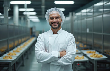 Smiling food factory manager in sterile white uniform, hairnet. Man arms crossed. Food processing plant chef. Smiling pro worker. Food production expert. Food technologist in kitchen, professional