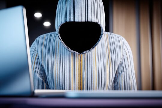 Mysterious Hooded Hacker Working on Laptop in Dark Room