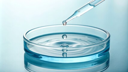 Droplet Falling into Petri Dish Blue Liquid, Close-up Composition, Science Concept, Petri Dish Photography Science experiment, Lab research