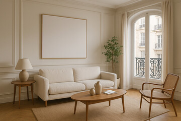Parisian Apartment Living Room Beige Sofa Wooden Coffee Table Natural Light Large Blank Canvas Artwork Cream Walls