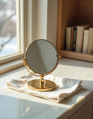 Mirror on the table in a golden frame. Cracked mirror. Self-care. Cosmetic procedures