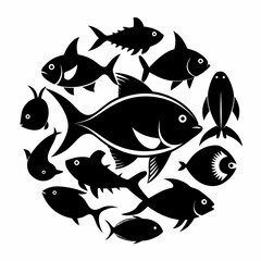 Naklejka premium Collection of black silhouettes of various fish isolated on white background