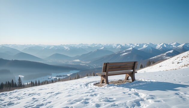Lone Wooden Bench on Snowy Hilltop with Panoramic Mountain View
