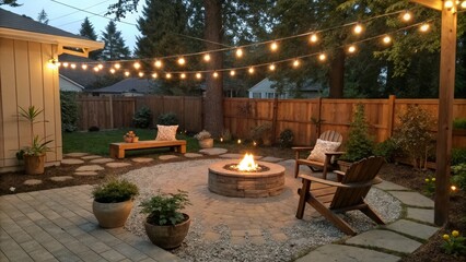 Fototapeta premium Evening Backyard Fire Pit Brick Pavers, String Lights, Cozy Chairs, Landscape Design, Outdoor Lighting Backyard, fire pit