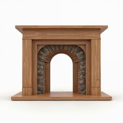 Fototapeta premium Wooden fireplace portal front view. Interior decor elements. Arched design with stone, brown wood texture. Luxury home decor fireplace, classic style. Isolated on white background.