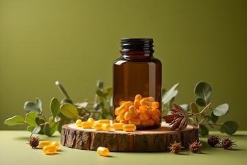 Amber Glass Vitamin Bottle on Wooden Platform – Health Product Scene with Capsules, Dried Herbs, and Olive Green Studio Background