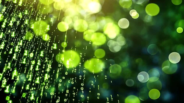 Green Binary Code Rainfall with Digital Background Effects
