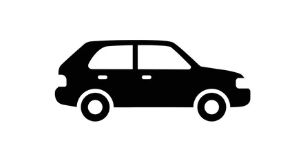 Fototapeta premium A black silhouette of a compact car with visible wheels doors and a hatchback design on a white background