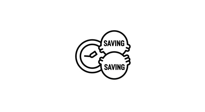 A line drawing showing a clock next to two circles with the word saving written inside them all in black
