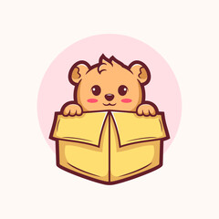 Cartoon bear is peeking out of a cardboard box. The bear is cute and has a big smile on its face