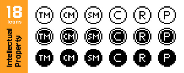 Pixel intellectual property icons set with trademark, copyright, registered and patent symbols in black and white