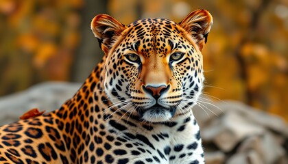 Fototapeta premium Poster with a leopard against the background of autumn nature. Fashionable animal prints