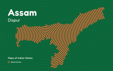 Spiral Line Map of Assam with Capital Dispur – Tea and Oil Region of India