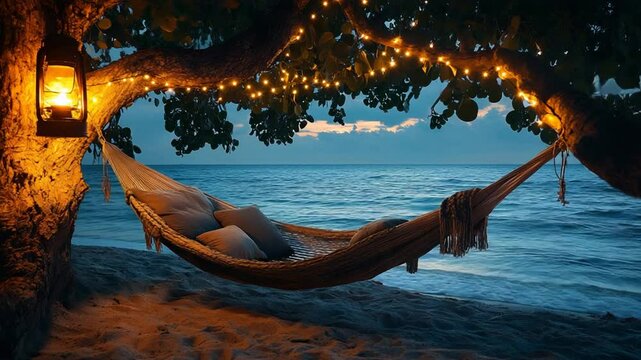 Romantic Beach Hammock Sunset with Ocean View.