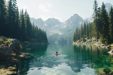 Person swimming in a crystal-clear mountain lake