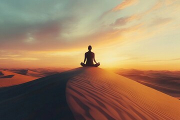 Solitary figure meditating at the top of a sand dune