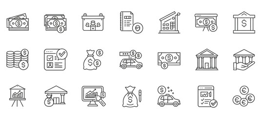 A collection of outline icons depicting financial assets and related concepts in a simple line art style