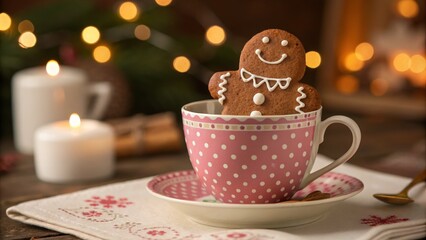 Fototapeta premium Gingerbread Man in Pink Teacup Cozy Christmas Still Life, Christmas Cookie, Festive Food Photography Christmas, Gingerbread