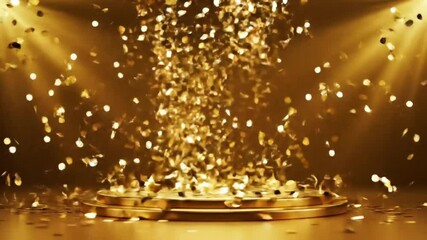 A vibrant and celebratory background with a heavy cascade of golden glitter and confetti falling onto a clean white surface. This energetic and festive motion graphic is ideal for parties and happy ev - Powered by Adobe