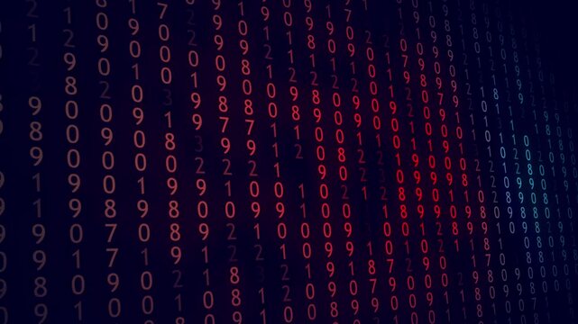 Animated digital data code background in red and blue illustrating modern technology