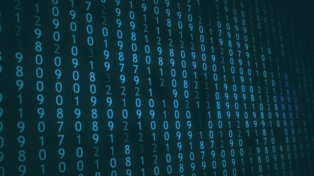 Digital binary code rain falling on a dark blue background for technology concepts