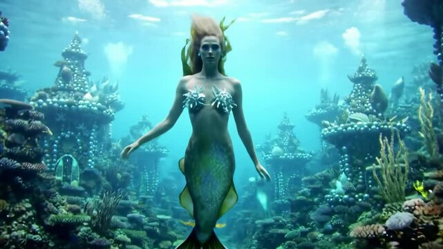 Three mermaids underwater fantasy scene
