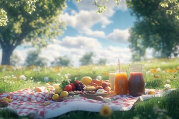 Picnic setup with fresh fruits smoothies and nuts