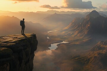 Solo trekker standing at the edge of a cliff overlooking a valley