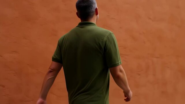 Man walking along terracotta wall in green shirt: side and rear views of movement