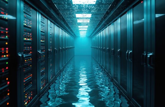 Server room flooded with water. Disaster scene of submerged data center. Water damage to computer equipment. Technology failure, cyber security risks. Data breach, system collapse. Infrastructure