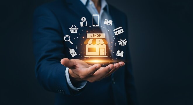 Businessman Hand Holding E Shop Concept Global Commerce Digital Marketing