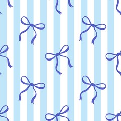 Blue ribbon bow seamless pattern with bows over pastel blue vertical stripes