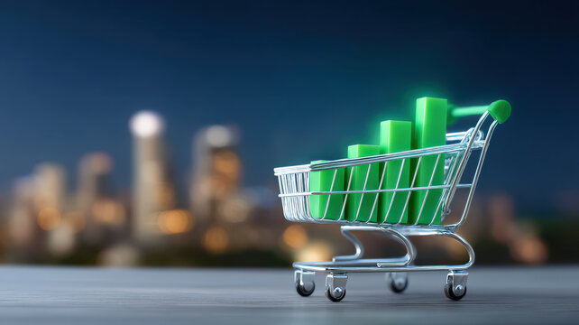 Shopping cart filled with green bar graphs symbolizes city driven commerce and analytics against blurred urban skyline