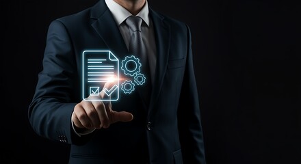 Businessman in dark suit interacting with glowing document and gear icons