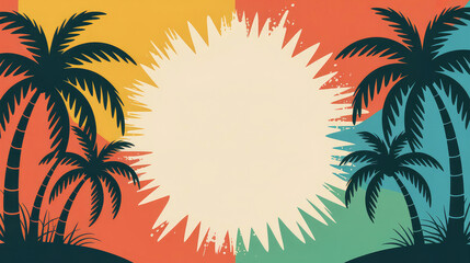 Obraz premium Tropical beach background with palms and colorful elements, beach party poster template, colorful summer background with palm trees.