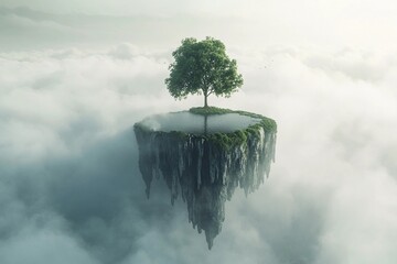 Peaceful floating island featuring one tree beside a tranquil pond