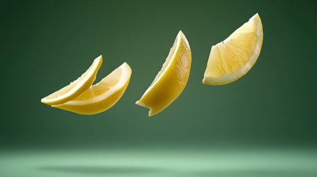Photograph of three isolated lemon slices suspended against a green background, creating a dynamic composition. - Powered by Adobe