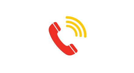 A red telephone receiver with yellow sound waves on a white background in a simple vector style