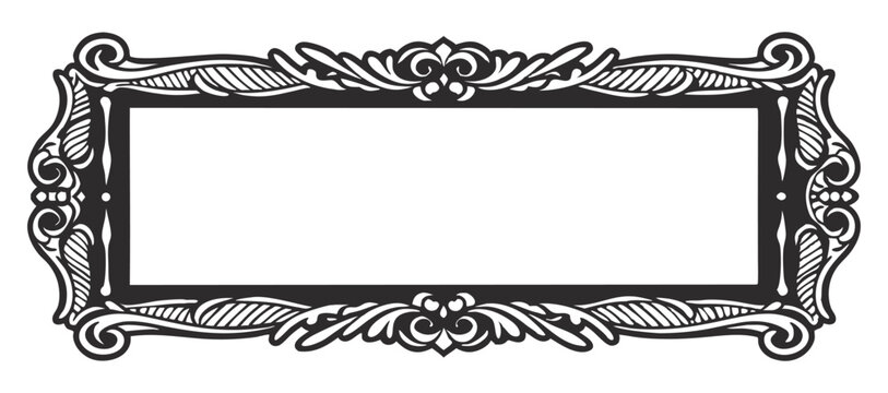 Horizontal rectangular frame featuring intricate flourishes, swirls, and arabesque details, providing a sophisticated and elegant design element suitable for various decorative purposes