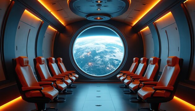 Futuristic spacecraft control room. Interior design showcases a large circular window with Earth view. Orange seats arranged in rows create a sense of space travel. Advanced tech, exploration concept.