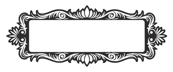 Horizontal rectangular vintage frame in black and white with swirls, flourishes and arabesque patterns forming background border with copy space in line art style for classic graphic design