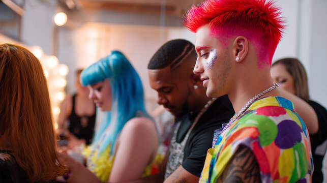 Group of people with colorful hair and makeup gathered in a creative backstage or dressing room environment.
